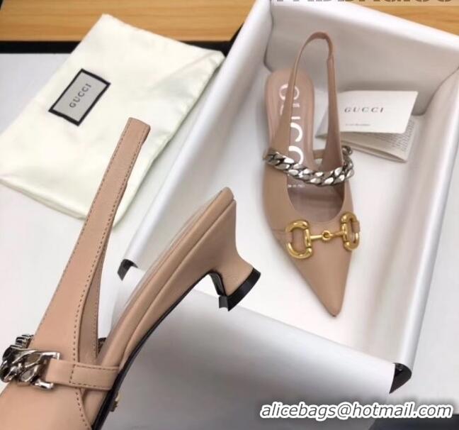 Famous Faux Gucci Lambskin Chain Sling-back Pump with Horsebit And Spool heel 616596 Nude 2020