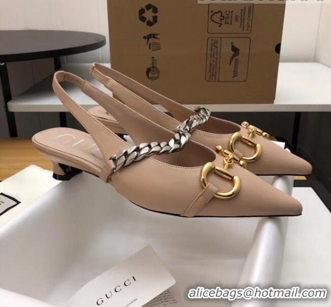 Famous Faux Gucci Lambskin Chain Sling-back Pump with Horsebit And Spool heel 616596 Nude 2020