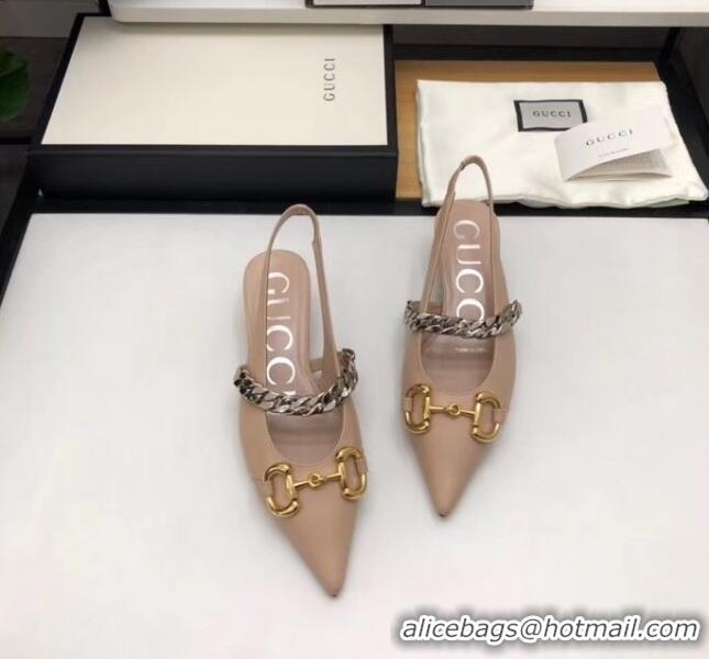 Famous Faux Gucci Lambskin Chain Sling-back Pump with Horsebit And Spool heel 616596 Nude 2020