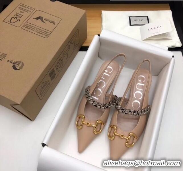 Famous Faux Gucci Lambskin Chain Sling-back Pump with Horsebit And Spool heel 616596 Nude 2020