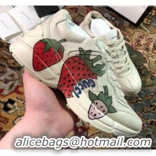 Cheapest Gucci Rhyton Strawberry Print Leather Sneakers 523609 White 2019(For Women and Men)