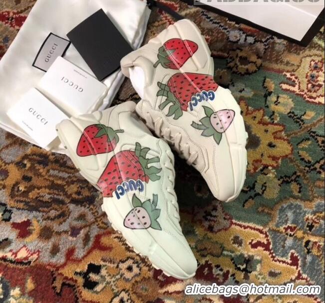 Cheapest Gucci Rhyton Strawberry Print Leather Sneakers 523609 White 2019(For Women and Men)