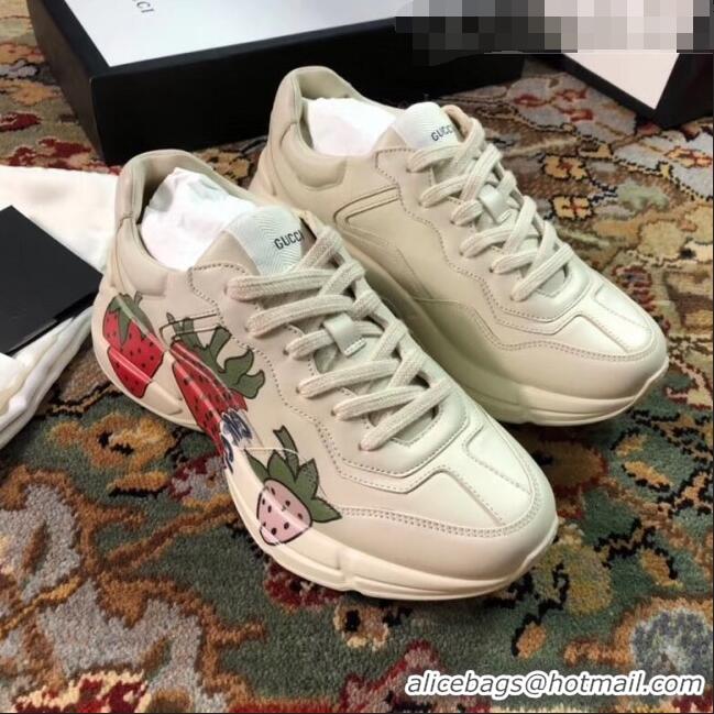 Cheapest Gucci Rhyton Strawberry Print Leather Sneakers 523609 White 2019(For Women and Men)