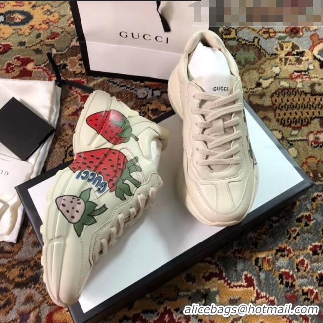 Cheapest Gucci Rhyton Strawberry Print Leather Sneakers 523609 White 2019(For Women and Men)