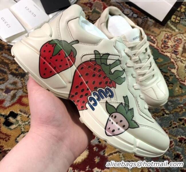 Cheapest Gucci Rhyton Strawberry Print Leather Sneakers 523609 White 2019(For Women and Men)