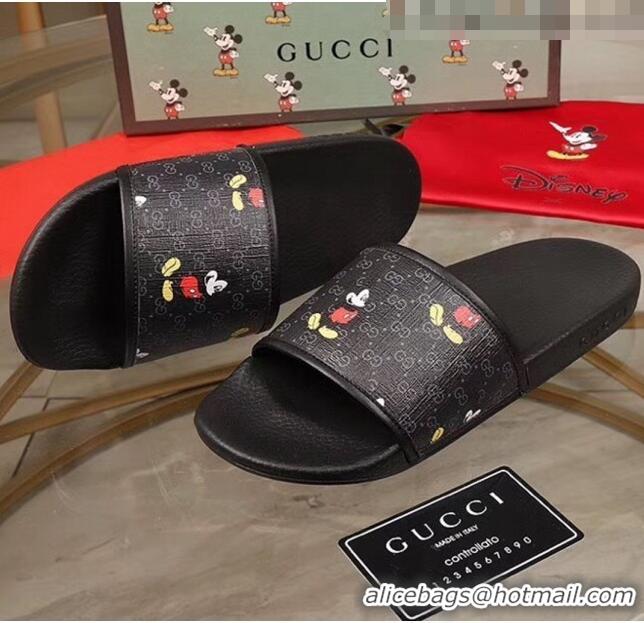 Popular Style Gucci Disney x Gucci Mickey GG Supreme Flat Slide Sandals G0910 Black 2020(For Women and Men)