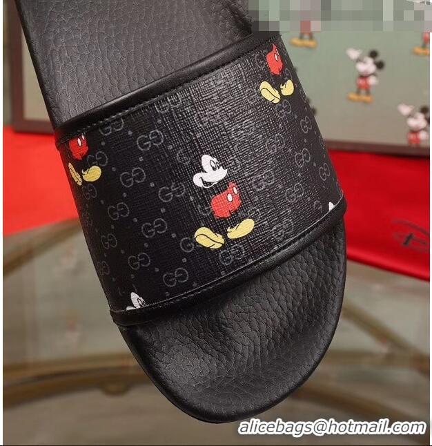 Popular Style Gucci Disney x Gucci Mickey GG Supreme Flat Slide Sandals G0910 Black 2020(For Women and Men)