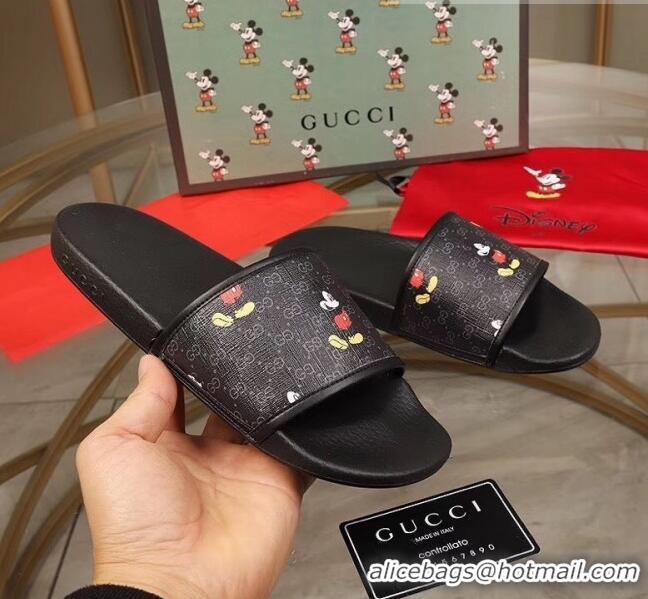 Popular Style Gucci Disney x Gucci Mickey GG Supreme Flat Slide Sandals G0910 Black 2020(For Women and Men)