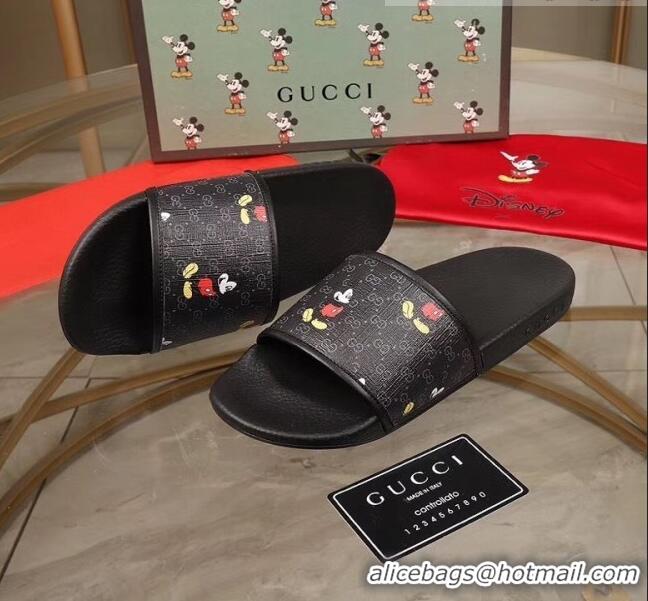 Popular Style Gucci Disney x Gucci Mickey GG Supreme Flat Slide Sandals G0910 Black 2020(For Women and Men)