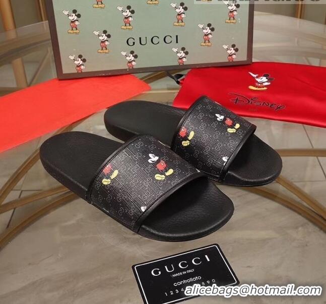 Popular Style Gucci Disney x Gucci Mickey GG Supreme Flat Slide Sandals G0910 Black 2020(For Women and Men)