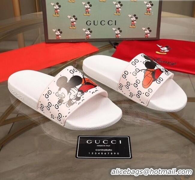 Discount Gucci x Disney Mickey GG Print Rubber Flat Slide Sandals G0916 White 2020