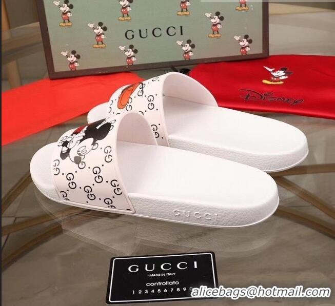 Discount Gucci x Disney Mickey GG Print Rubber Flat Slide Sandals G0916 White 2020