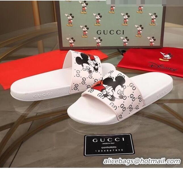 Discount Gucci x Disney Mickey GG Print Rubber Flat Slide Sandals G0916 White 2020