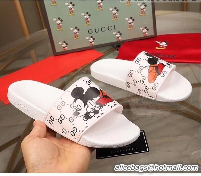 Discount Gucci x Disney Mickey GG Print Rubber Flat Slide Sandals G0916 White 2020