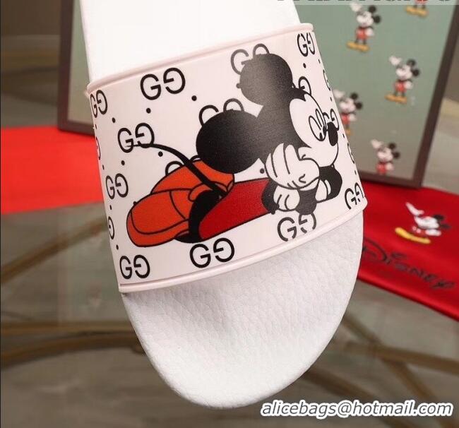 Discount Gucci x Disney Mickey GG Print Rubber Flat Slide Sandals G0916 White 2020