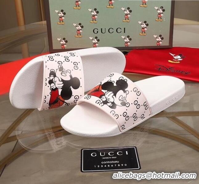 Discount Gucci x Disney Mickey GG Print Rubber Flat Slide Sandals G0916 White 2020