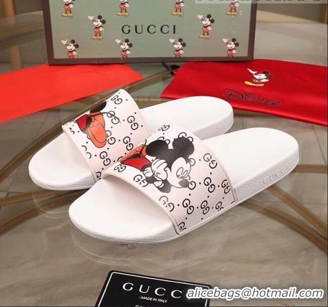 Discount Gucci x Disney Mickey GG Print Rubber Flat Slide Sandals G0916 White 2020