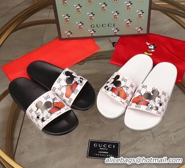 Discount Gucci x Disney Mickey GG Print Rubber Flat Slide Sandals G0916 White 2020