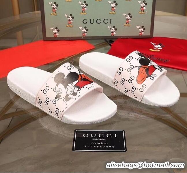 Discount Gucci x Disney Mickey GG Print Rubber Flat Slide Sandals G0916 White 2020