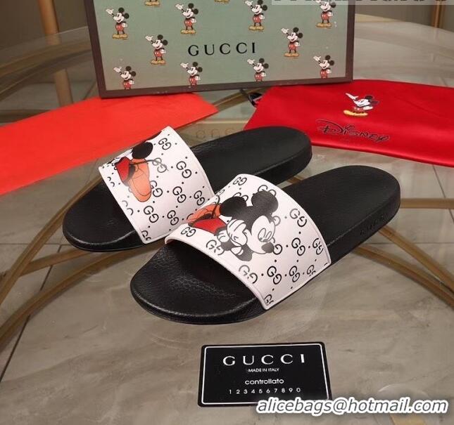 Promotional Gucci x Disney Mickey GG Print Rubber Flat Slide Sandals G0916 White/Black 2020 (For Women and Men)