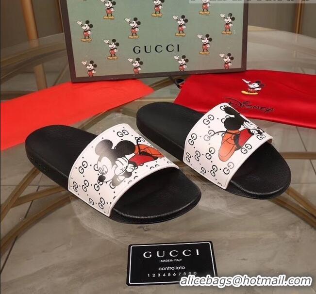 Promotional Gucci x Disney Mickey GG Print Rubber Flat Slide Sandals G0916 White/Black 2020 (For Women and Men)