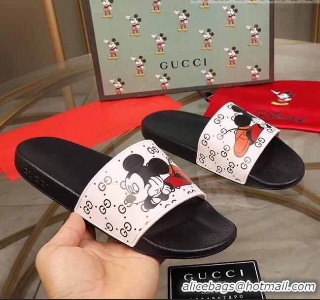 Promotional Gucci x Disney Mickey GG Print Rubber Flat Slide Sandals G0916 White/Black 2020 (For Women and Men)