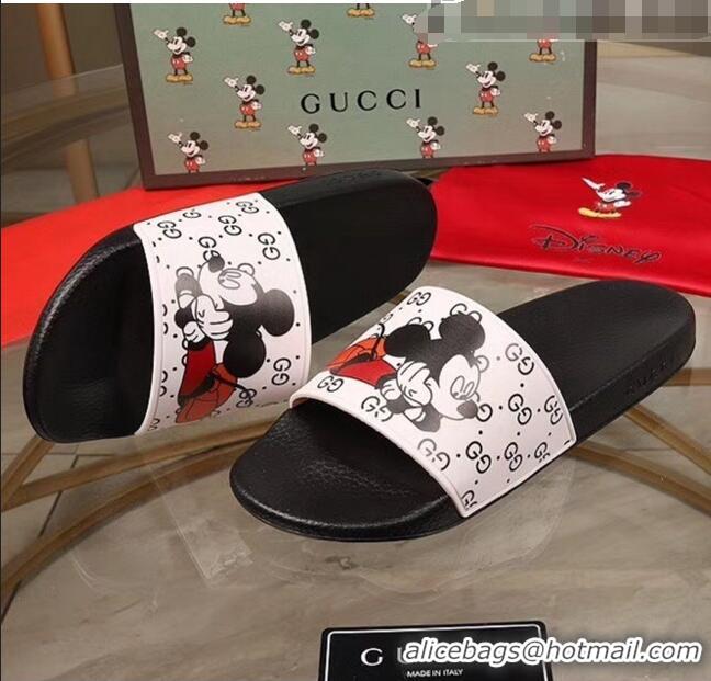 Promotional Gucci x Disney Mickey GG Print Rubber Flat Slide Sandals G0916 White/Black 2020 (For Women and Men)