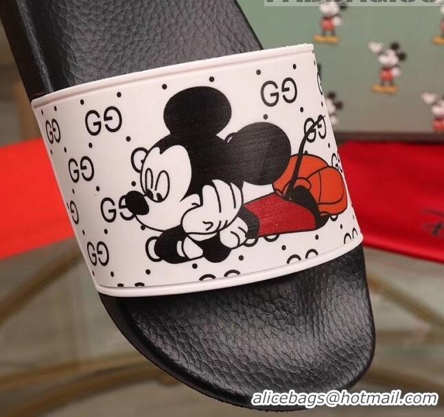 Promotional Gucci x Disney Mickey GG Print Rubber Flat Slide Sandals G0916 White/Black 2020 (For Women and Men)