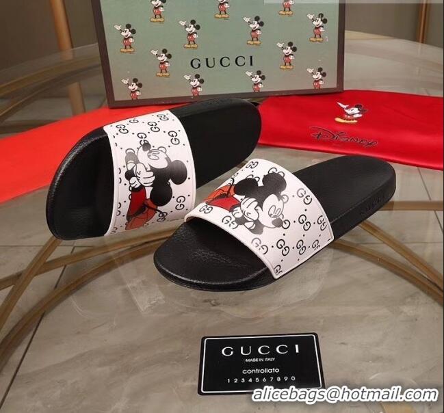 Promotional Gucci x Disney Mickey GG Print Rubber Flat Slide Sandals G0916 White/Black 2020 (For Women and Men)