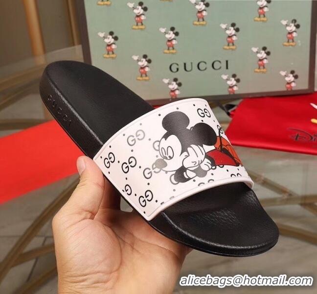 Promotional Gucci x Disney Mickey GG Print Rubber Flat Slide Sandals G0916 White/Black 2020 (For Women and Men)