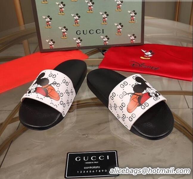 Promotional Gucci x Disney Mickey GG Print Rubber Flat Slide Sandals G0916 White/Black 2020 (For Women and Men)