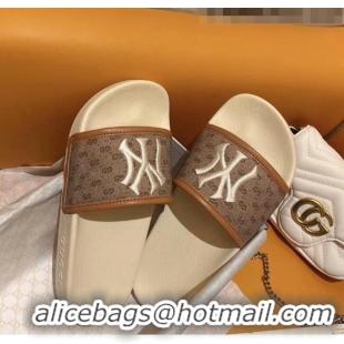 Promotional Gucci GG Canvas NY Embroidery Slide Sandal G0923 Brown/White 2020 (For Women and Men)