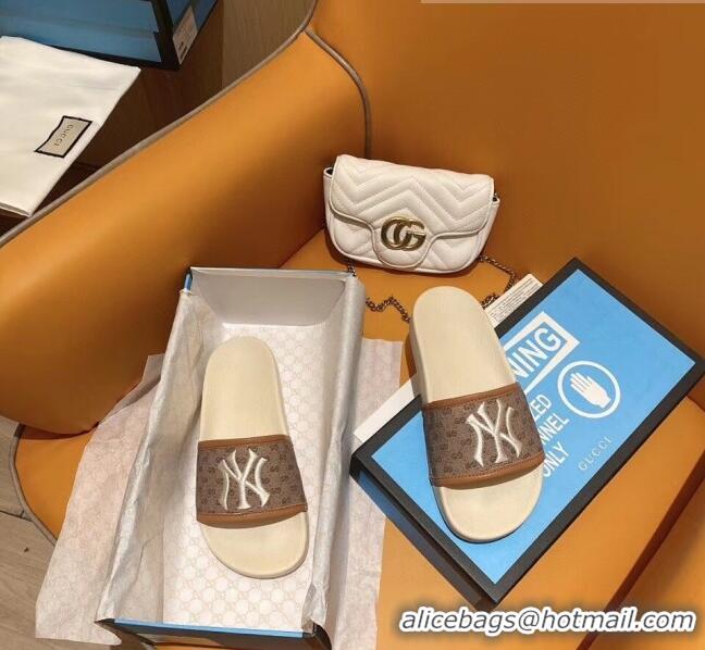 Promotional Gucci GG Canvas NY Embroidery Slide Sandal G0923 Brown/White 2020 (For Women and Men)