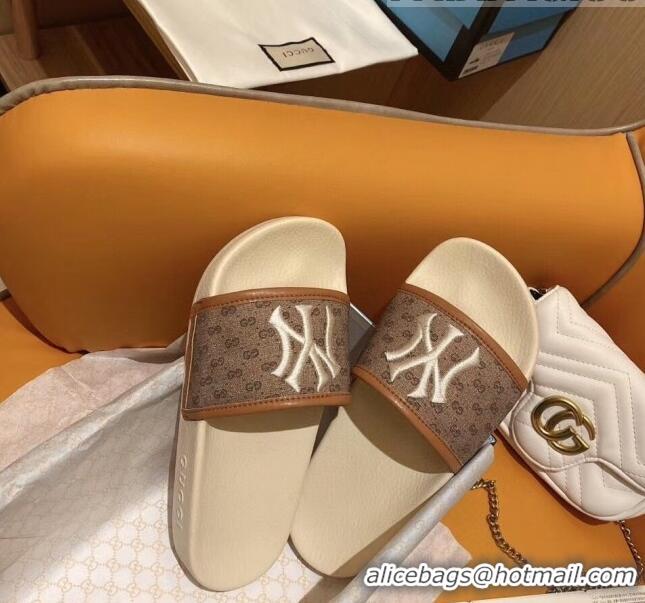 Promotional Gucci GG Canvas NY Embroidery Slide Sandal G0923 Brown/White 2020 (For Women and Men)