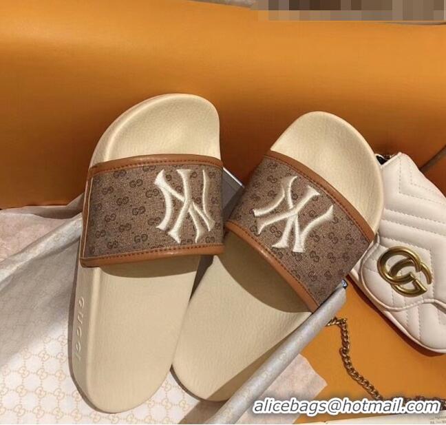 Promotional Gucci GG Canvas NY Embroidery Slide Sandal G0923 Brown/White 2020 (For Women and Men)