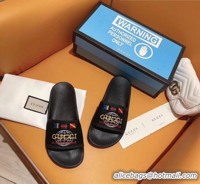 Grade Design Gucci Embroidery Canvas Slide Sandal G0924 Black 2020 (For Women and Men)