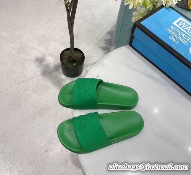 Inexpensive Gucci Logo Rubber Slide Sandal 522887 Green 2020