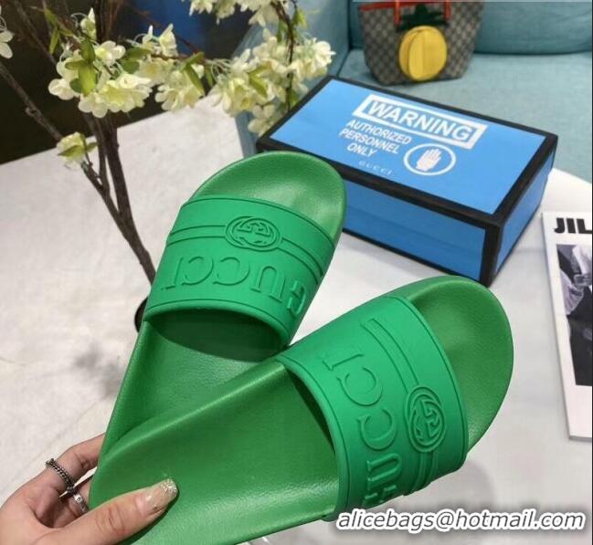 Inexpensive Gucci Logo Rubber Slide Sandal 522887 Green 2020