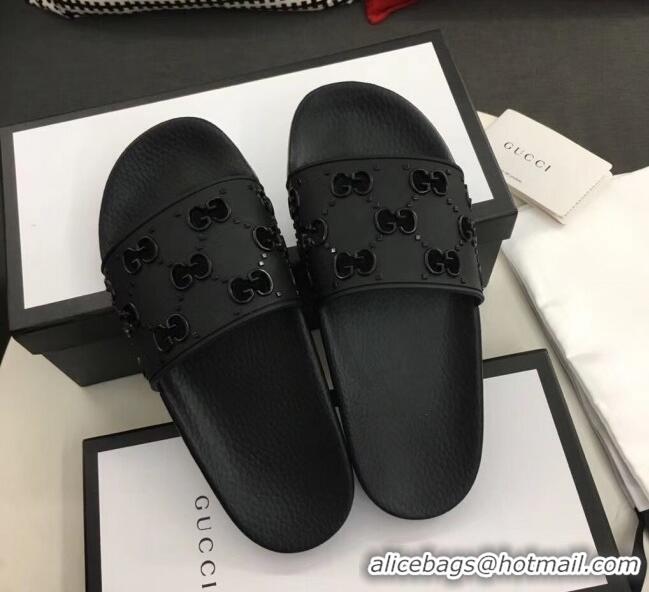 Low Cost Gucci Rubber GG Slide Sandal 573922 Black 2020(For Women and Men)