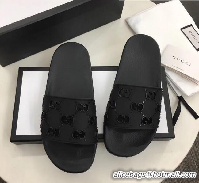 Low Cost Gucci Rubber GG Slide Sandal 573922 Black 2020(For Women and Men)