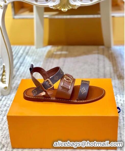 ​Best Quality Louis Vuitton ACADEMY Sandals in Calfskin & Monogram Canvas LV2632 Brown 2020