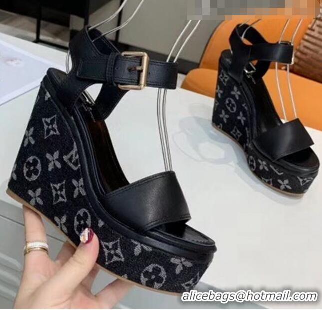 Faux Louis Vuitton Leather & Monogram Canvas Wedge Sandal LV0644 Black 2020