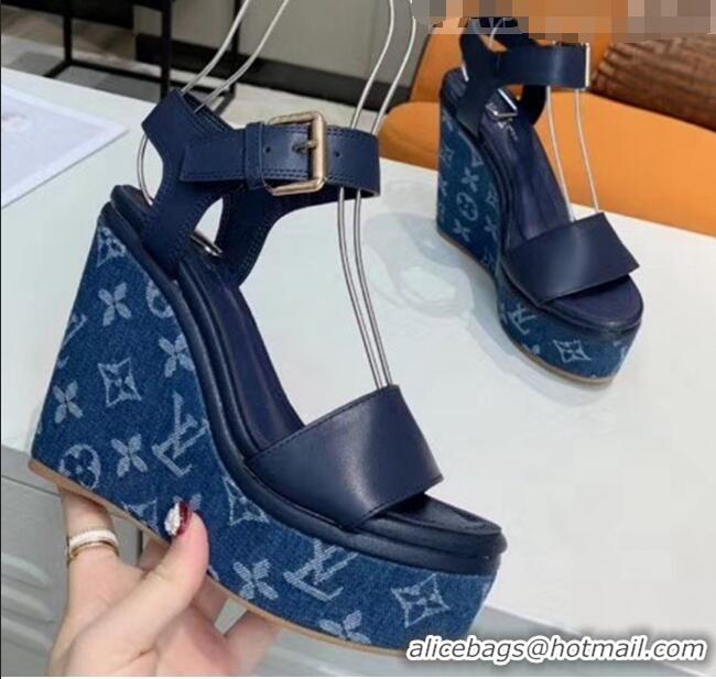 Cheap Louis Vuitton Leather & Monogram Canvas Wedge Sandal LV0645 Blue 2020