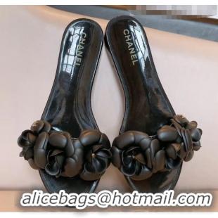 Best Design Chanel TPU Camellia Slipper Sandals CC1303 Black 2020