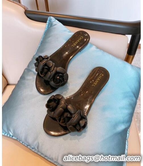 Best Design Chanel TPU Camellia Slipper Sandals CC1303 Black 2020