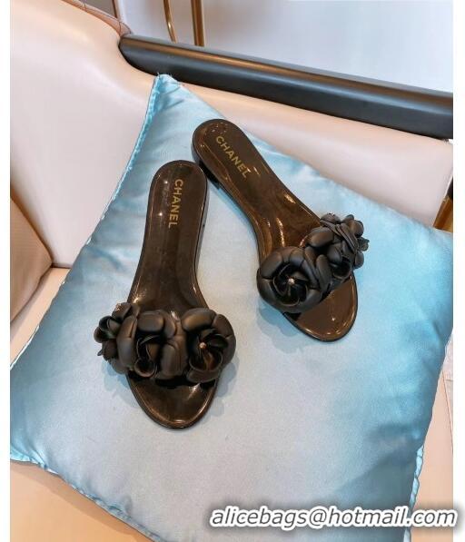 Best Design Chanel TPU Camellia Slipper Sandals CC1303 Black 2020