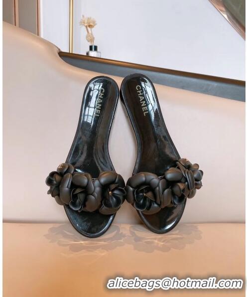 Best Design Chanel TPU Camellia Slipper Sandals CC1303 Black 2020