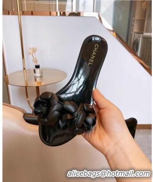 Best Design Chanel TPU Camellia Slipper Sandals CC1303 Black 2020