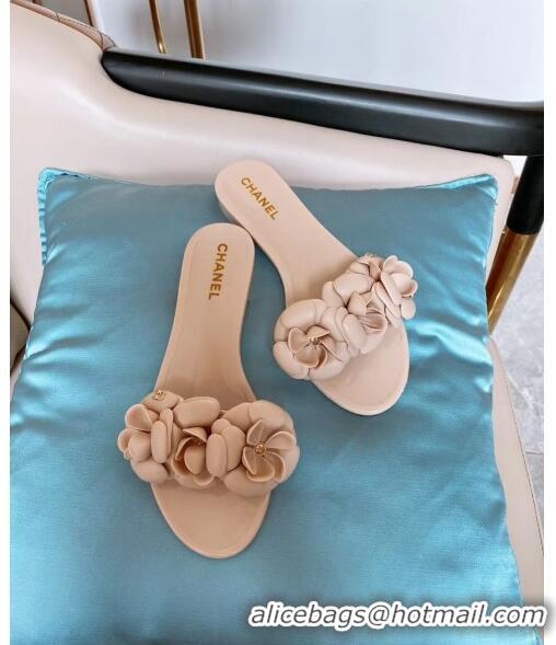 Good Quality Chanel TPU Camellia Slipper Sandals CC1303 Nude 2020