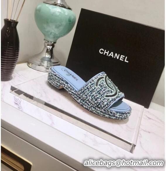 Low Price Chanel Tweed Mules Sandals G35903 Blue 2020